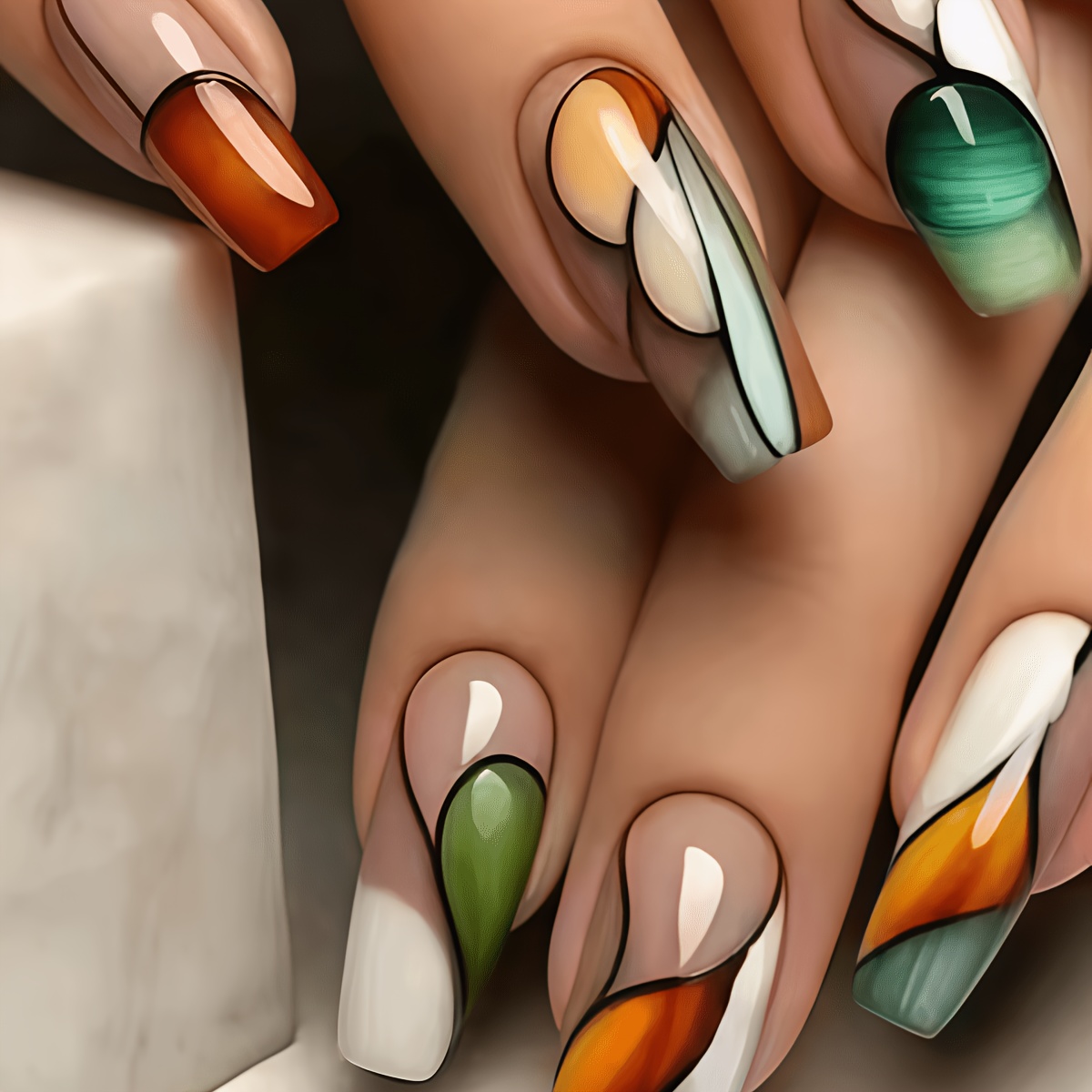 TEMU 24pcs Convenient Nail Art Set, Nude Base With Contrasting Geometric Lines, Vintage Glazed Long Square Press-on Nails, Glossy Detachable Nail Art