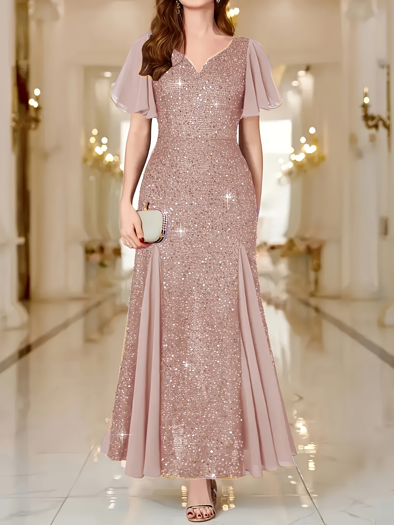 Elegant Women's Long Evening Gown with Heart-shaped Neckline and Purple  Embellishments