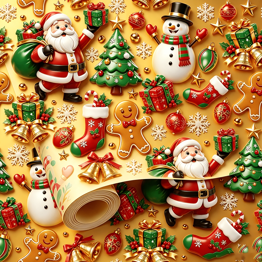 TEMU 1 Rouleau de Papier Cadeau de Noël Doré pour le Bricolage - Impression avec , Père Noël, Bonshommes en Pain d'Épices, Bonshommes de Neige,