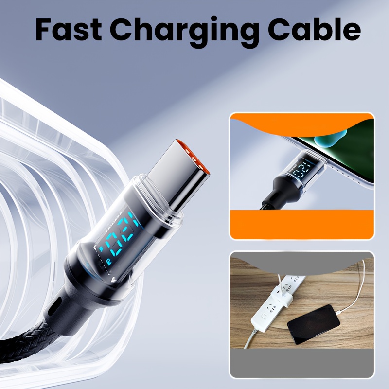Ultra Durable 6A 120W MAX Fast Charging Cable with Real-Time Digital Display, USB A to USB C Charger Cord, Quick Charge Support for iPhone, Android, Samsung and More C Ports Devices.