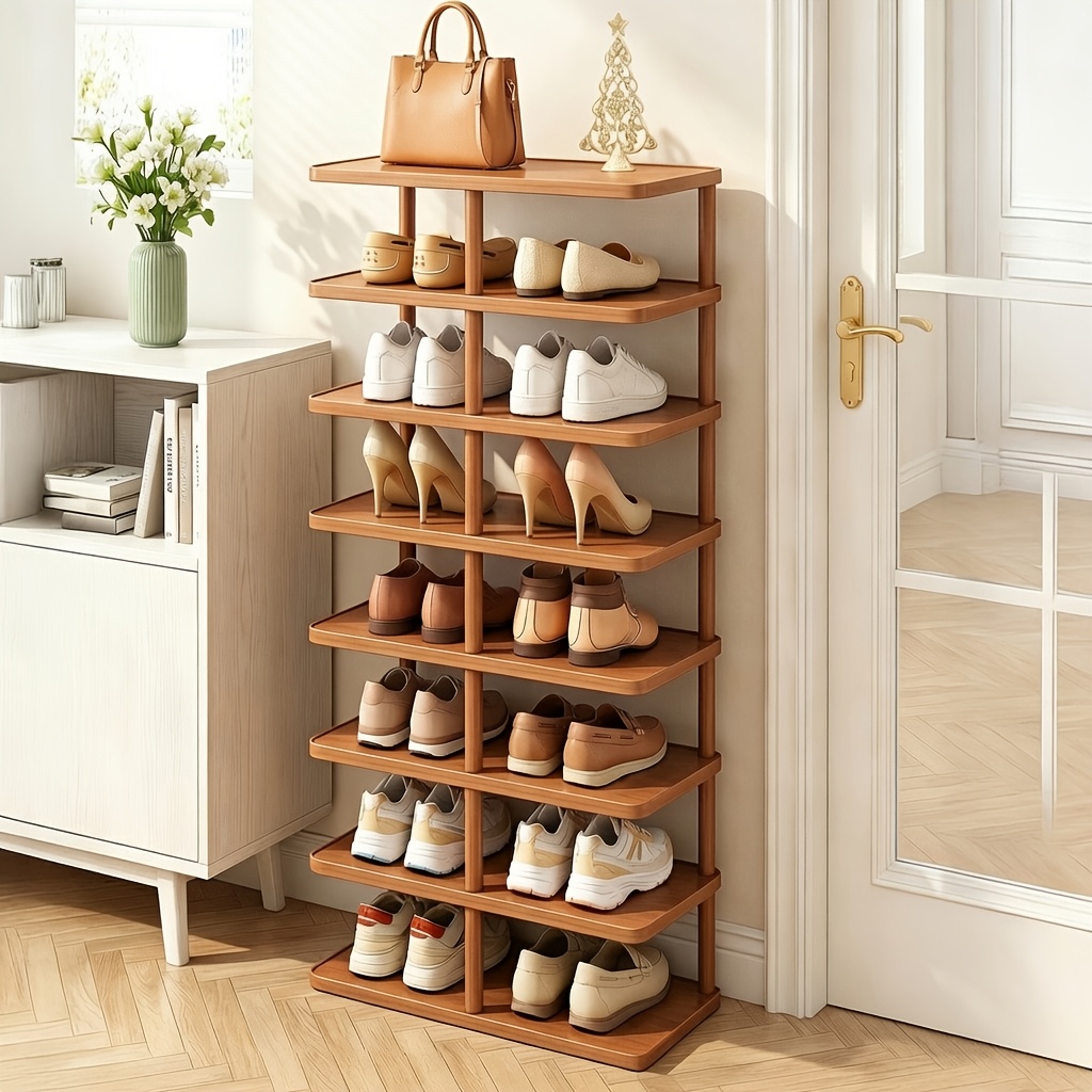 TEMU Space-saving Bamboo Shoe Rack Narrow Tall Corner -standing Shelf With Top Storage Platform - Modern Minimalist Suitable For Small Apartments,