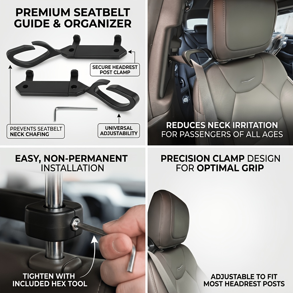 TEMU 2-pack Universal Car Seat Belt Adjuster And Guide, Seat Belt Fastener With Hook, Multi-functional Seat Belt Organizer, Comfortable Driving