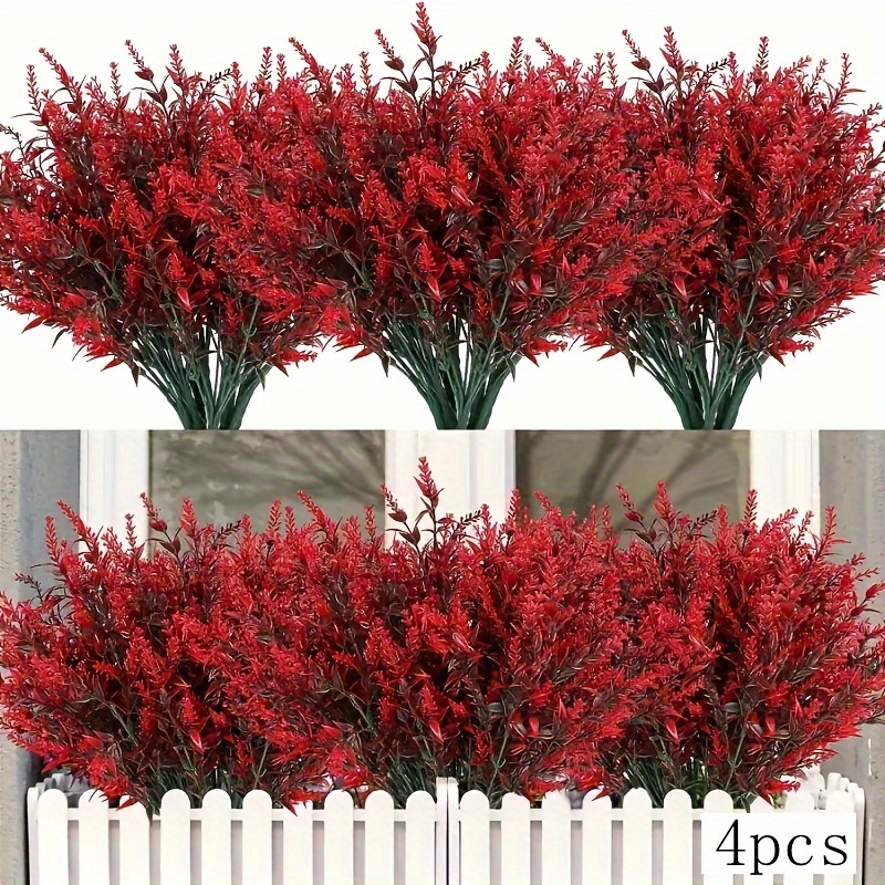 

4 Bundles Artificial Red Flowers, Uv Resistant Faux Plastic Plants, Outdoor Garden Porch Window , Stake-style, No Feather, No Power Required