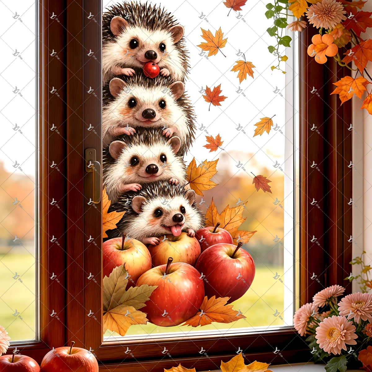 TEMU 2d Flat - 2d Flat - 1pc 2d Flat Printing Autumn Stacked Hedgehog Squirrel Pumpkin Maple Leaf Window Sticker, Pet Static Adhesive Glass Film