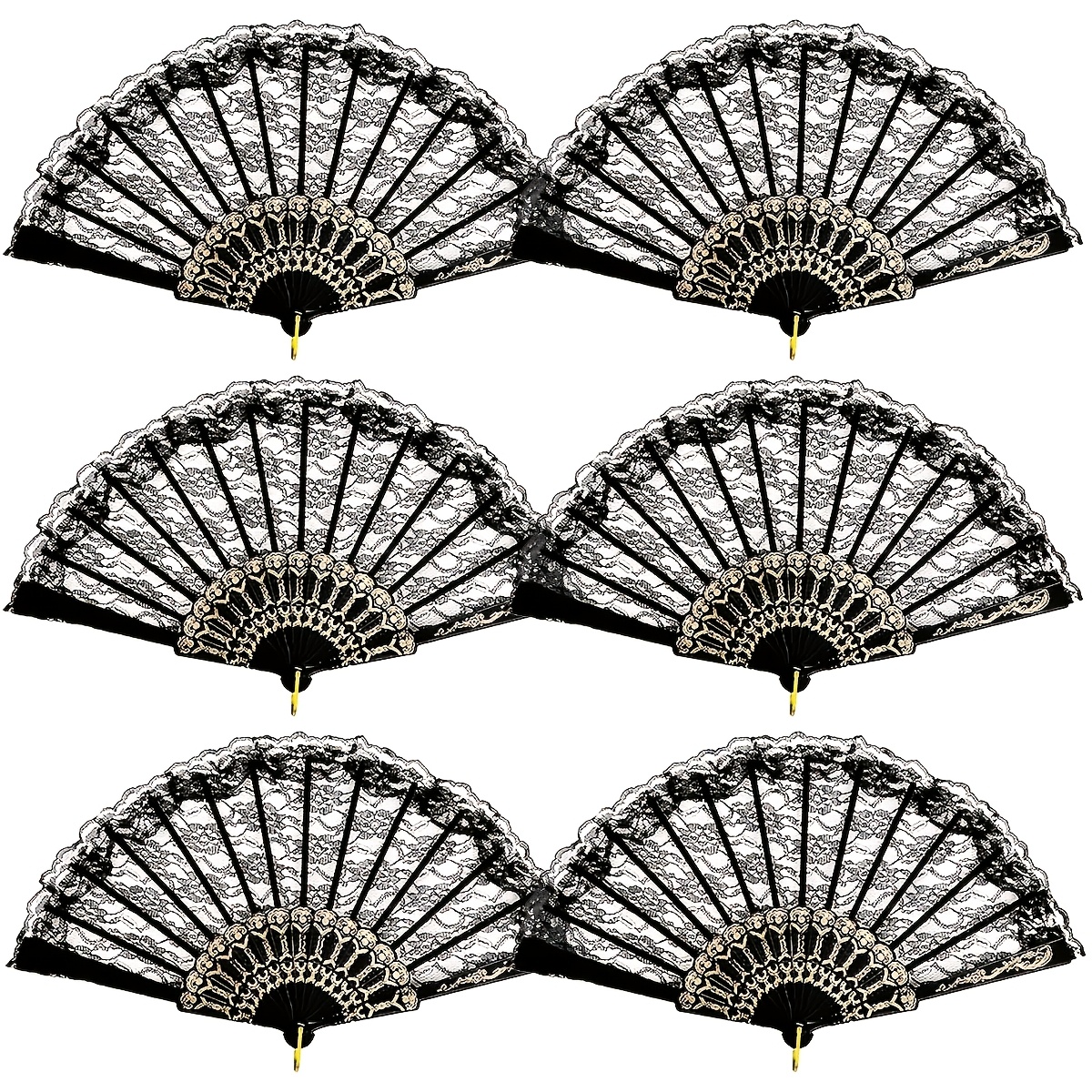 TEMU Lot de 6 éventails pliants à dentelle noire et dorée, adaptés aux fêtes à thème, costumes de scène, accessoires de robe Qipao Cheongsam -
