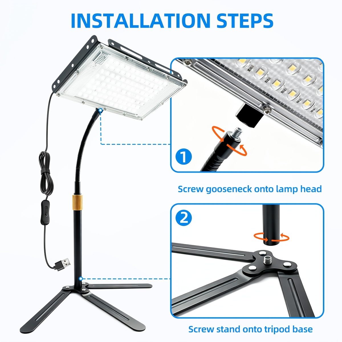 Flexible USB Work Lights with Telescopic Rod and Adjustable Angle