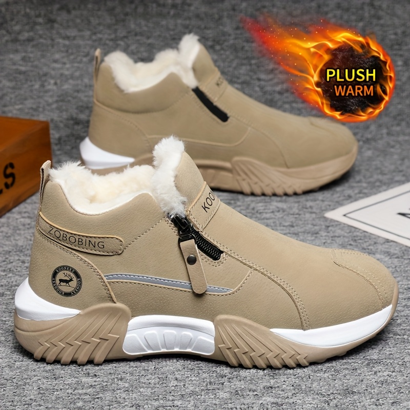 Image of 1 Pair Unisex Winter Snow Boots. Easy And Fashionable Gray, Black, And Khaki Solid-colored Pu . Pullover Design For . Thickened -resistant Pvc Sole With . Fleece-lined For . Slip-on Lazy Shoes. Su