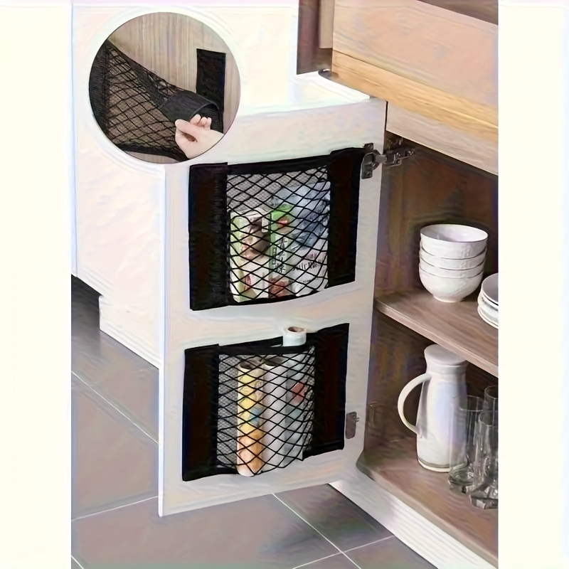 wall mounted storage mesh no drilling required strong   tape suitable for cabinet doors car trunks and under sinks holds trash bags drinks toys tools