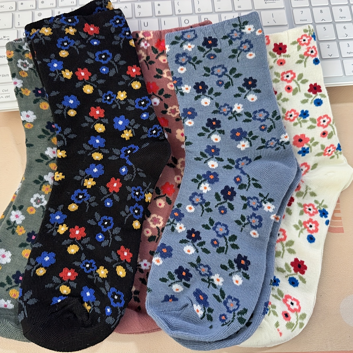 TEMU 25 Spring/summer Style, 5 Pairs Of Women's Socks, French Retro Small Floral Cute Pastoral Style Socks, Elegant And Fashionable Short Socks,