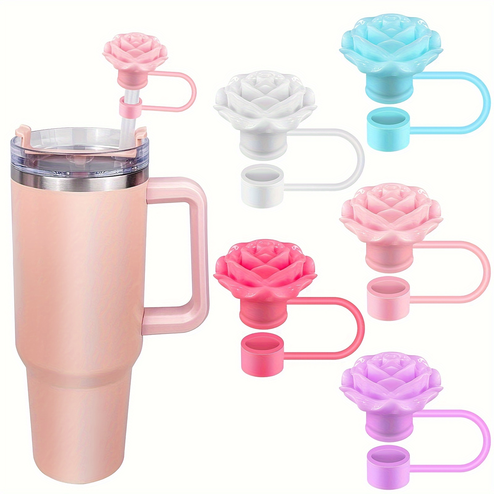 

5-pack Rose Flower Silicone Straw Covers For Stanley Cups - Reusable, Bpa-free Toppers Fits 0.4" Straws, Perfect For Parties & Outdoor Fun Straw Toppers For Tumblers Cup Straw Cover
