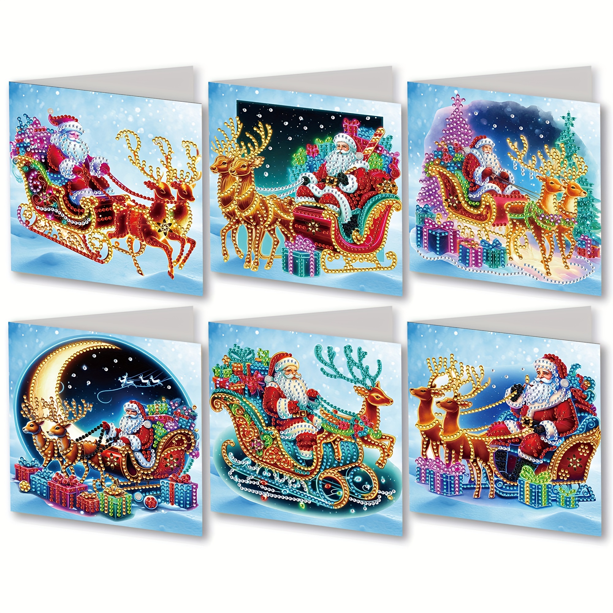 TEMU 6pcs Diamond Painting Greeting Card Set - Featuring A Design Of Santa Claus And A Golden Reindeer Sleigh, Perfect For Conveying Christmas Wishes