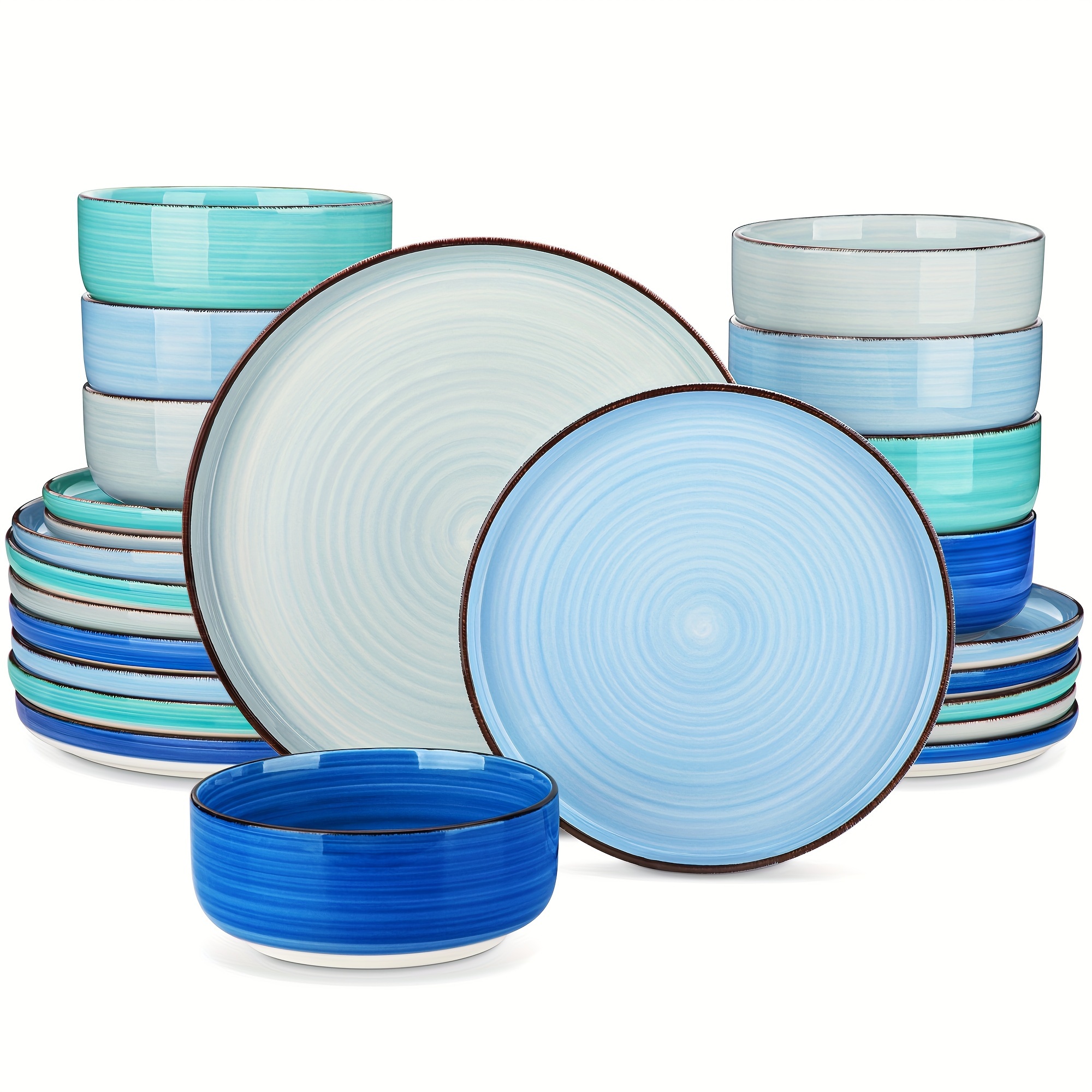 12pcs Dinner Set Blue Stoneware Hand Painted Tableware With Dinner Plate, Dessert Plate And Cereal Bowl Service For 4