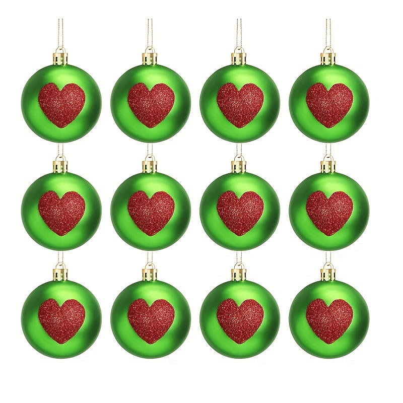 

12pcs Heart-shaped Christmas Tree Ornaments, 2.37" Green & Red, Holiday & Wedding Decorations - Plastic, Featherless, Round Hanging Decorations