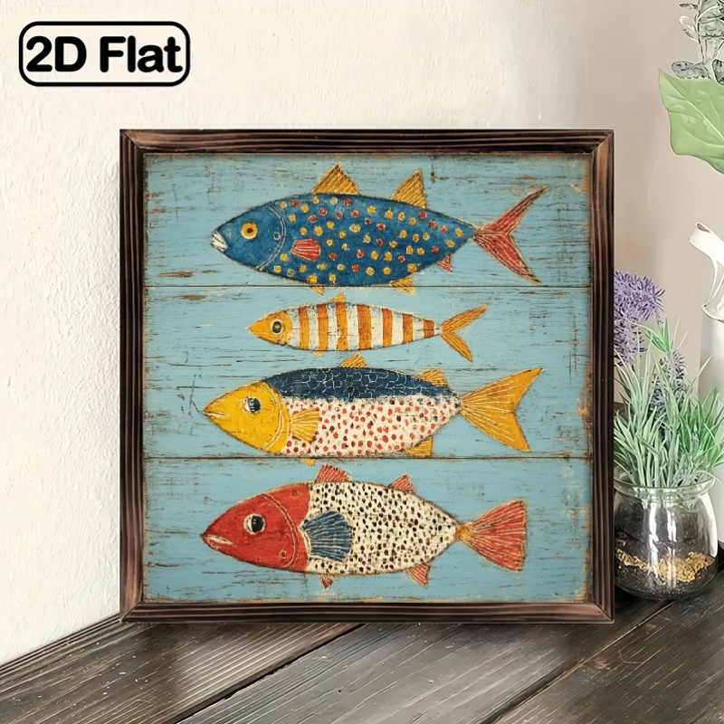 TEMU 2d Flat, 2d Flat Vintage Blue Wooden Fish Wall With Frame - 8x8 Inch Rustic Coastal Decor, Colorful Fish Painting, Blue, Red, Yellow, Green, -