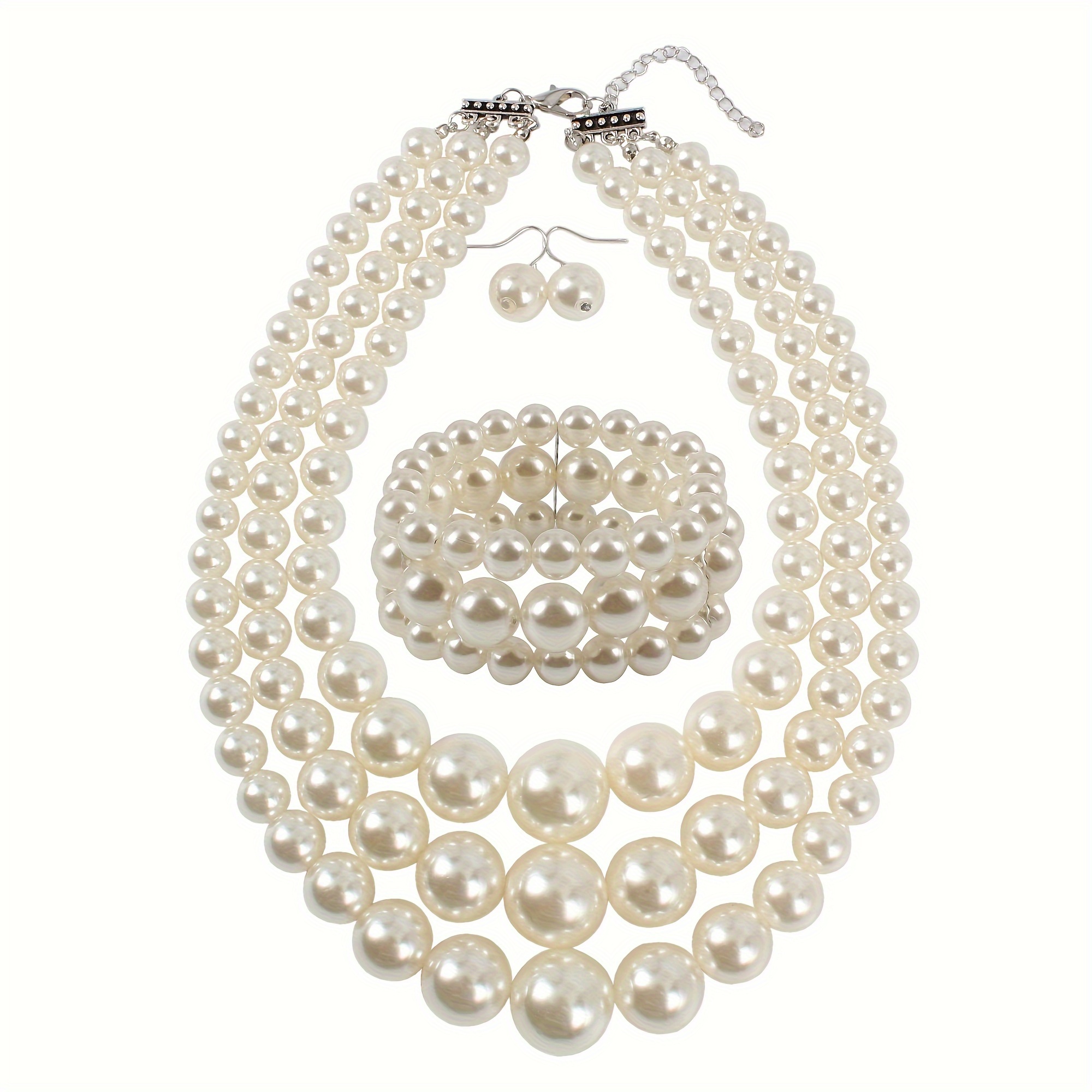 

Big Big Faux Pearl Jewelry Set 3 Layer Necklace Bracelet And Earrings