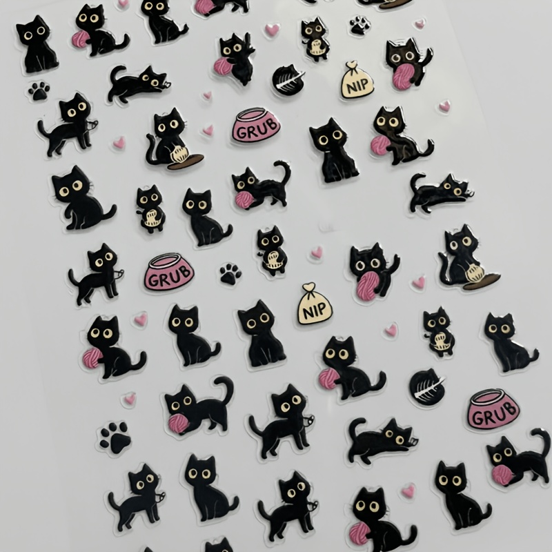TEMU 1pc Vintage Black Kitten Cat Nail Art Stickers, Self-adhesive Nail Decals For Women, Cute Cartoon Kitty Decorations, -and-press Nail Charms For