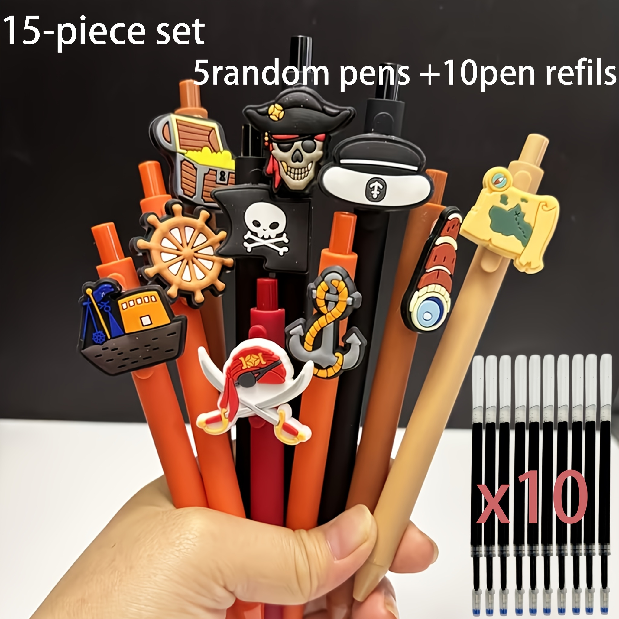 TEMU 15pcs (5pcs Pens 10pcs Refills) Random Pattern Creative Pirate Theme Gel Pens - Black Ink, , With And , Anchor And - Perfect For Office, Or As A