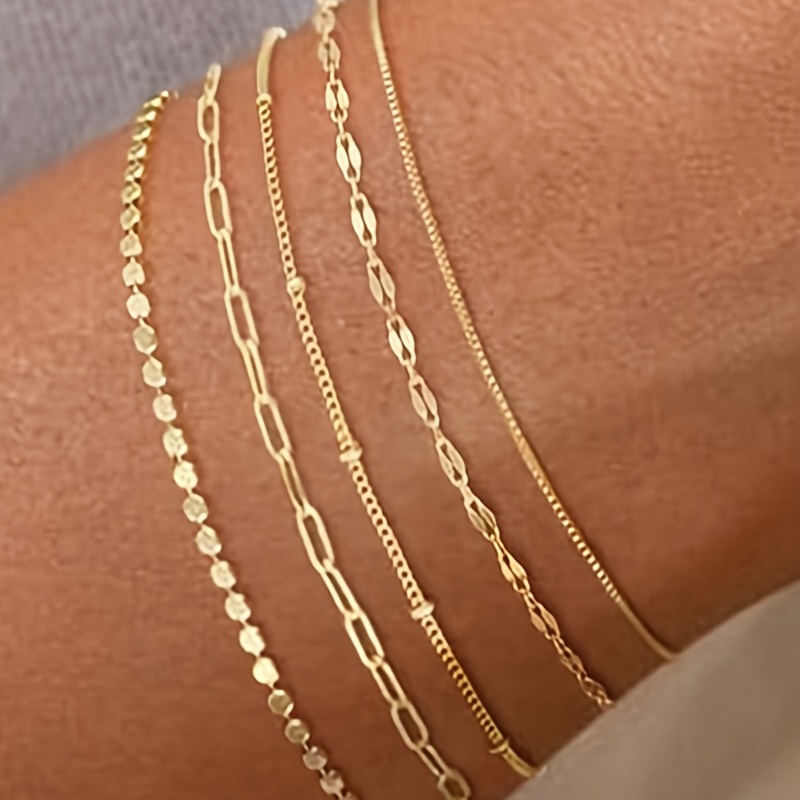 Image of 5pcs Set Of Iron Chain And Copper Chain Bracelet Set, Fashionable Women's Easy Thin Chain Sexy Versatile Layered Bracelet Set