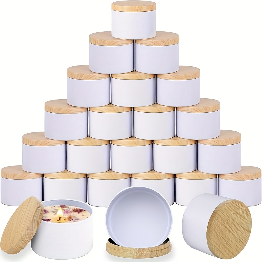 

24pcs Pots à Bougies en Métal Blanc avec Couvercles à Motif de Bois, 4/8oz - Idéaux pour la Fabrication de Bougies DIY et Conteneurs de Rangement, Fournitures pour la Fabrication de Bougies