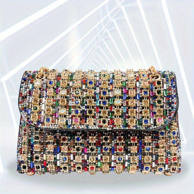 colorful rhinestone crossbody bag trendy chain shoulder bag womens luxury shiny handbag prom purse details 2
