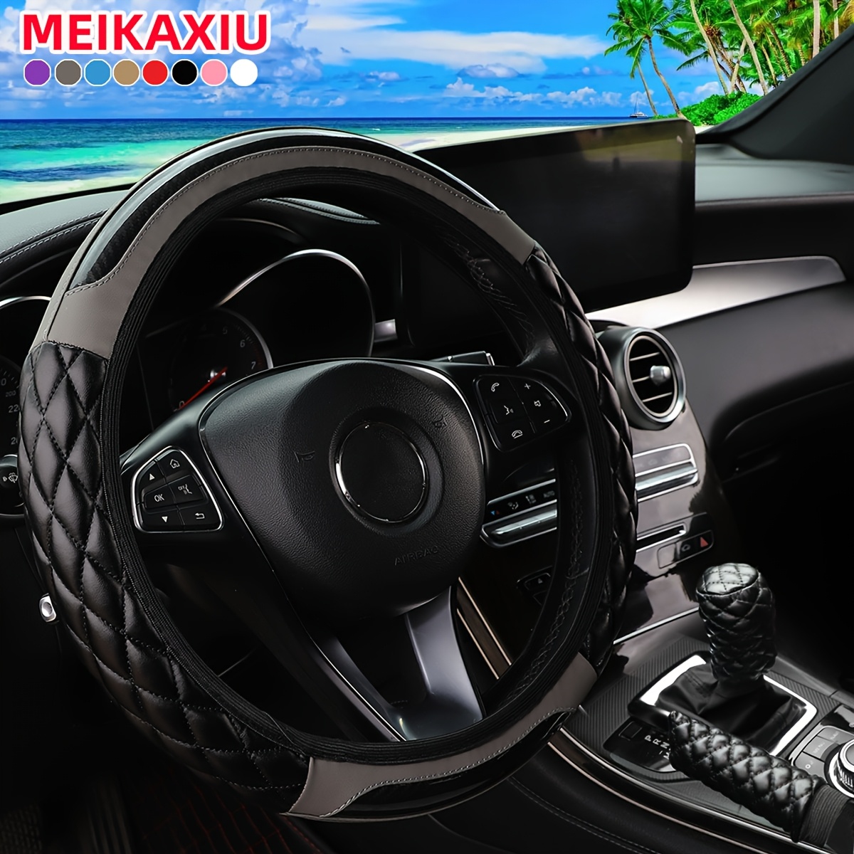 TEMU 3pcs Crystal Carbon Fiber Pu Soft Faux Leather 3d Embroidery Comfortable Elastic Stretch Car Steering Wheel Cover Cover Gear Shift Cover Manual