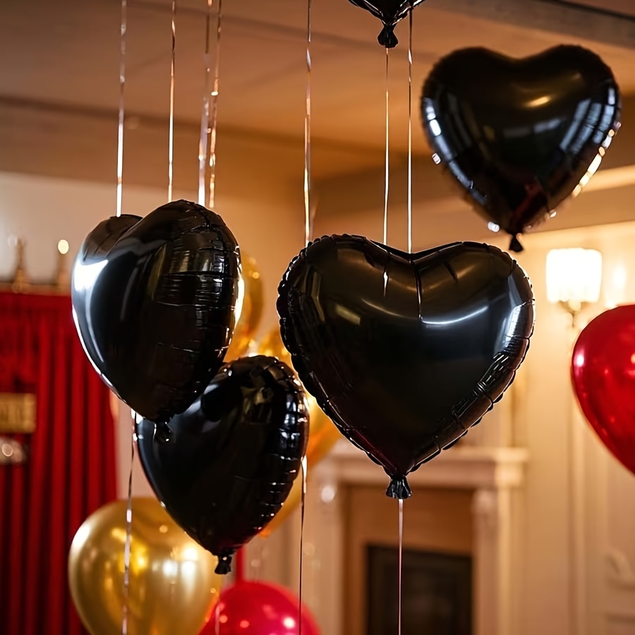Image of 10pcs 18-inch Black Heart-shaped Foil Balloons | Ideal For Birthday Parties, Wedding Receptions, Valentine's Day Decorations