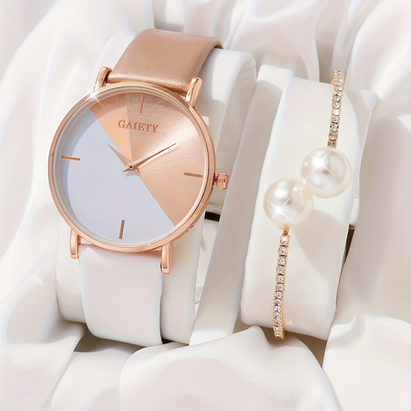 

Elegant Women's Watch Pu Leather Wristwatch With Rose Gold Dial With Pearl Bracelet With Rhinestone Accents