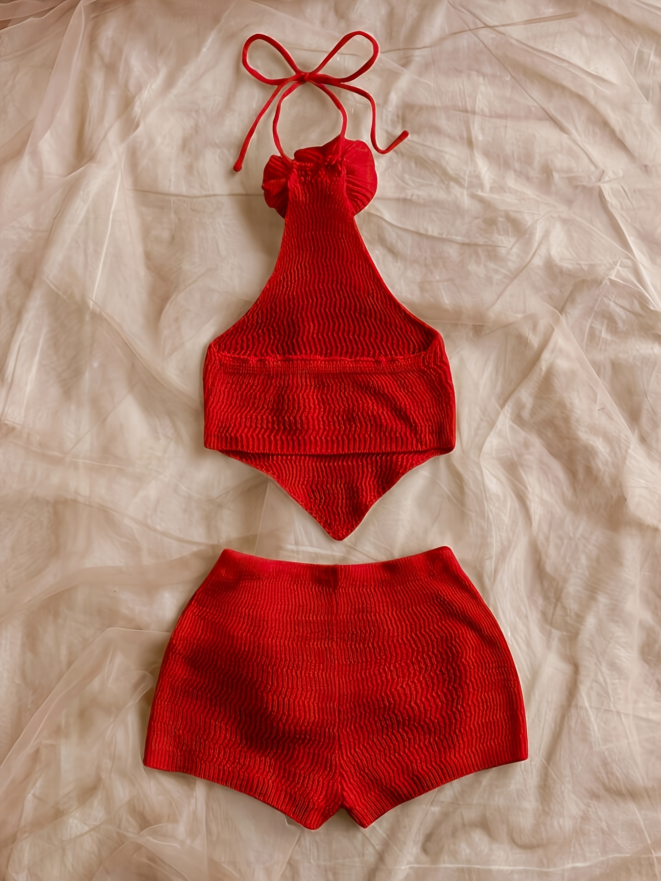 handmade 3d floral halter neck vest with   scarf   backless belly band   short shorts     fabric two piece set summer   Product details 11