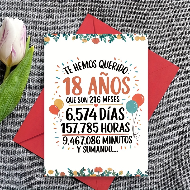 TEMU 1 tarjeta de felicitación para el 18 en español - 18 Años A Ti, sobre autoadhesivo, diseño de globos y , cálculo de 6186 horas - Regalo de para