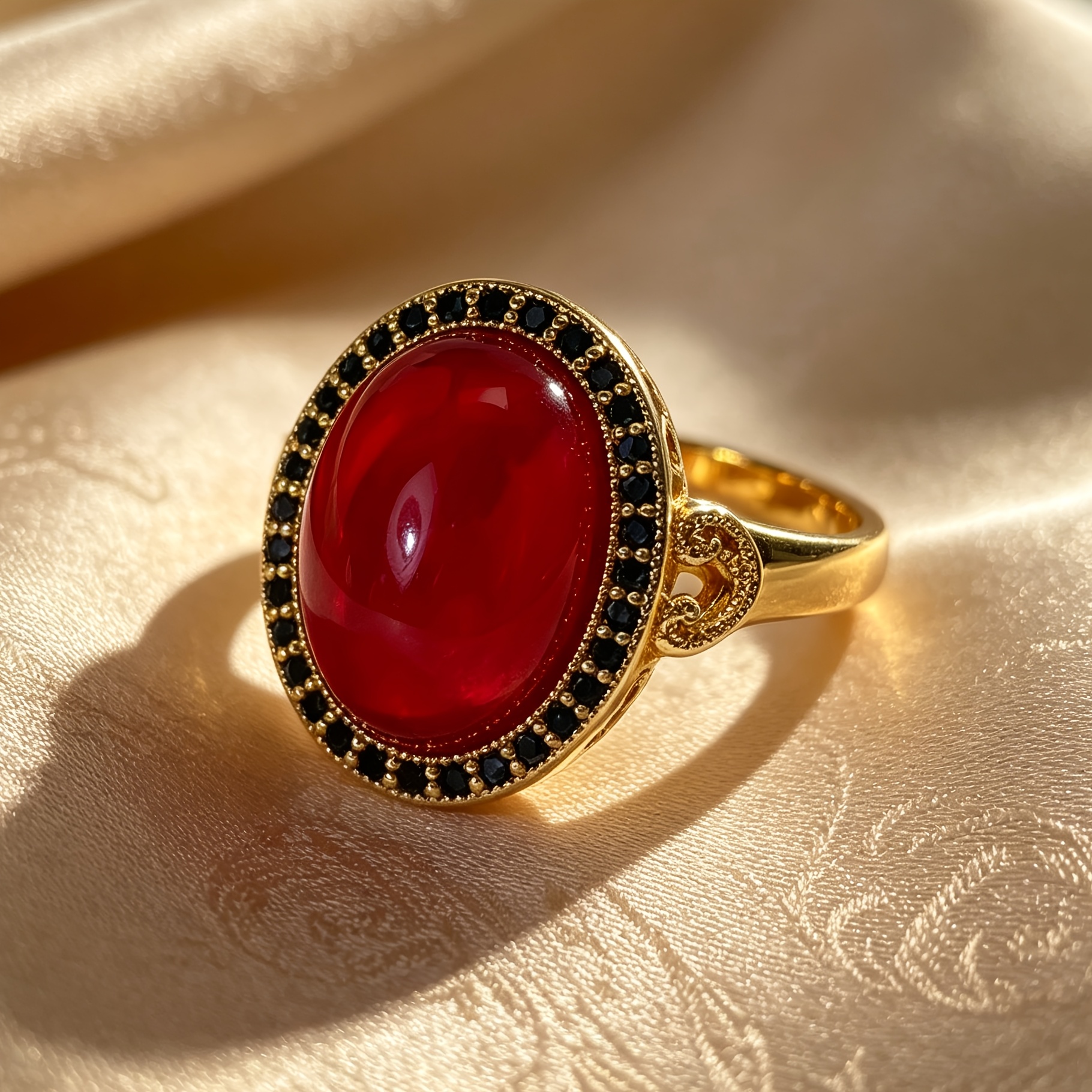 Women's Retro Court Style Red Agate & Black Zirconia Ring