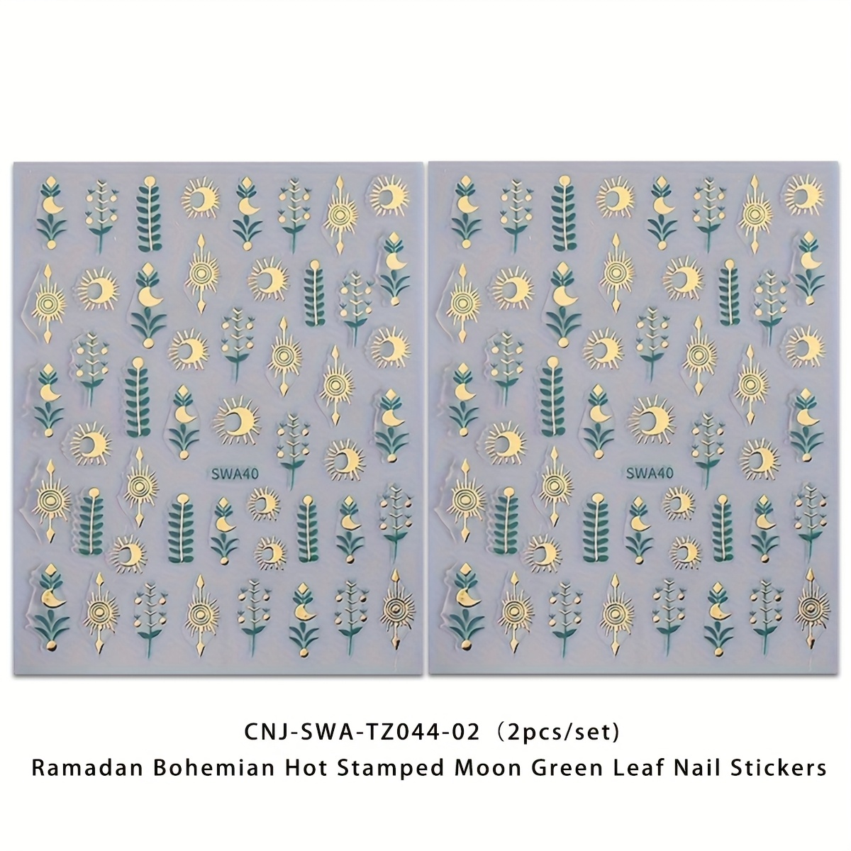 2pcs Set Of Ramadan Bohemian Hot Stamping Moon Green Leaf Nail Stickers Disposable Self-adhesive Adhesive Nail Diy Art Decoration Accessories