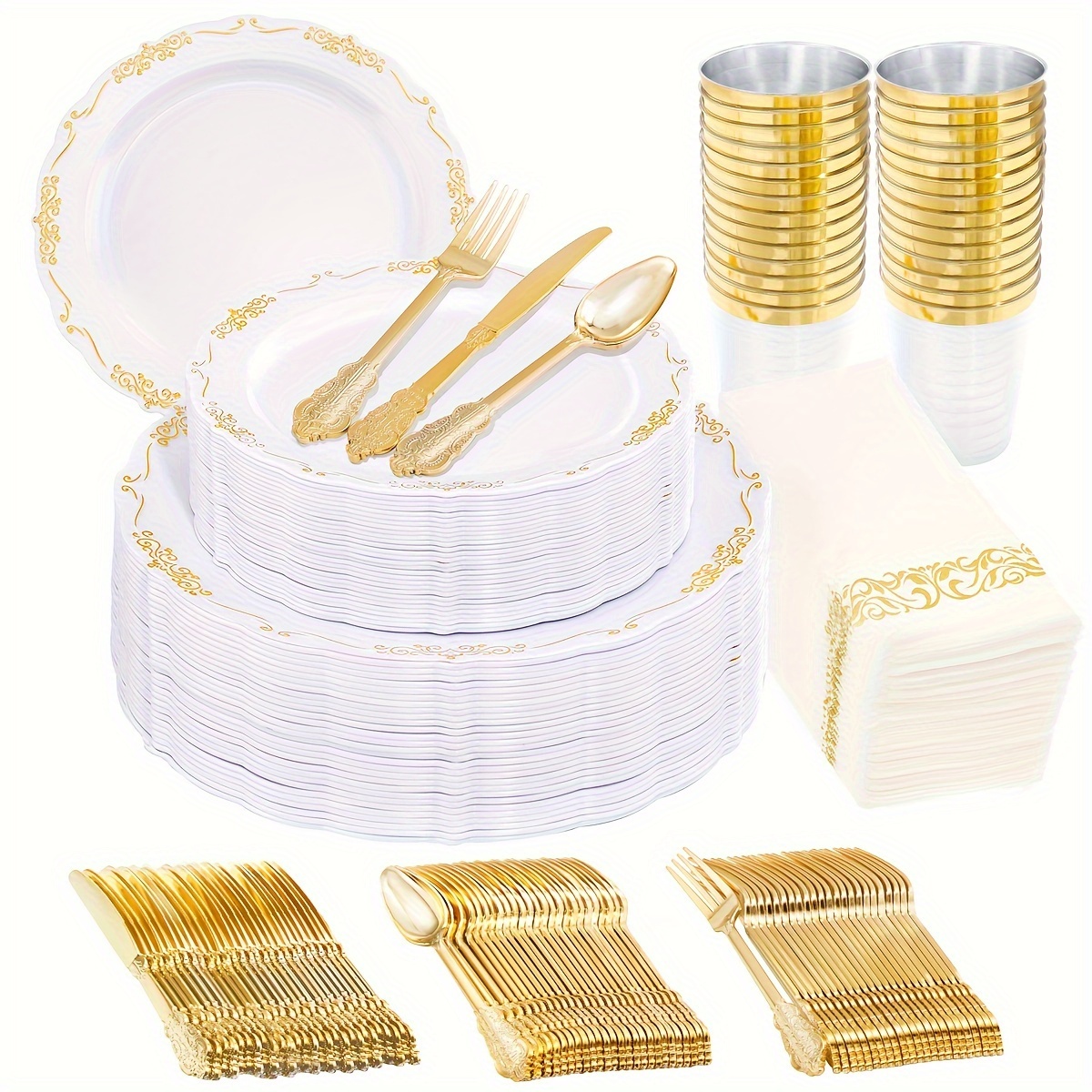 

800pcs Golden Dinnerware Set, 100pcs 10.25" Dinner Plates, 100pcs 7.5" Golden Dessert Plates, 400 Golden Plastic Silverware, Golden Cups, Golden Napkins, Guest Dinnerware, Party Supplies