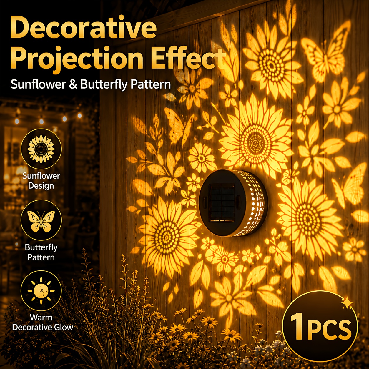 2pcs/1pc Solar Sunflower Projection Lights Outdoor, IPX4 Water Resistant Solar Fence Wall Lights, Warm White Decorative Garden Lights with Sunflower And Butterfly Shadow Effect for Patio Yard Backyard Porch Fence Decor