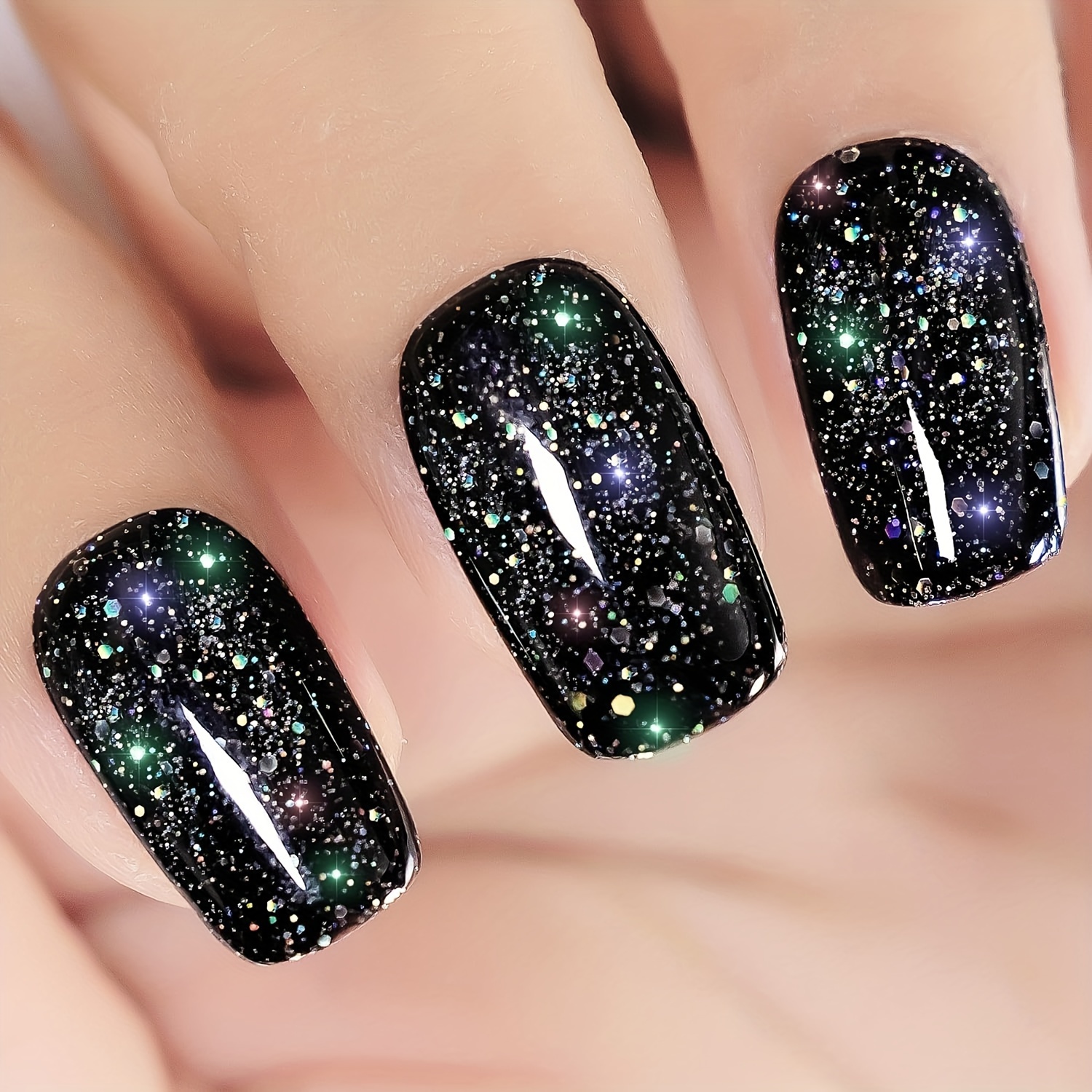 

24pcs/set Black Glitter Short Press On Nails, Shimmer Fake Nails Square Galaxy Glue On Nails False Nails Stick On Nails In 12 Sizes, Jelly Glue And Nail File Included