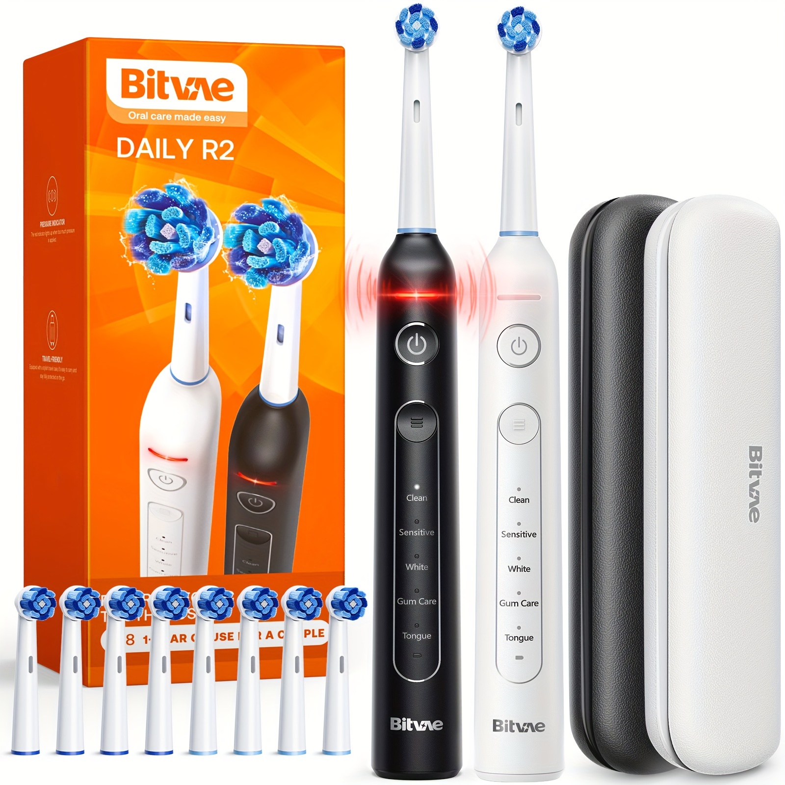 

Bitvae Rotating Electric Toothbrush 2 Packs For Adults With Pressure Sensor, Gifts For Men/women, 5 Modes Rechargeable Power Toothbrush With 8 Brush Heads, Black & White, R2