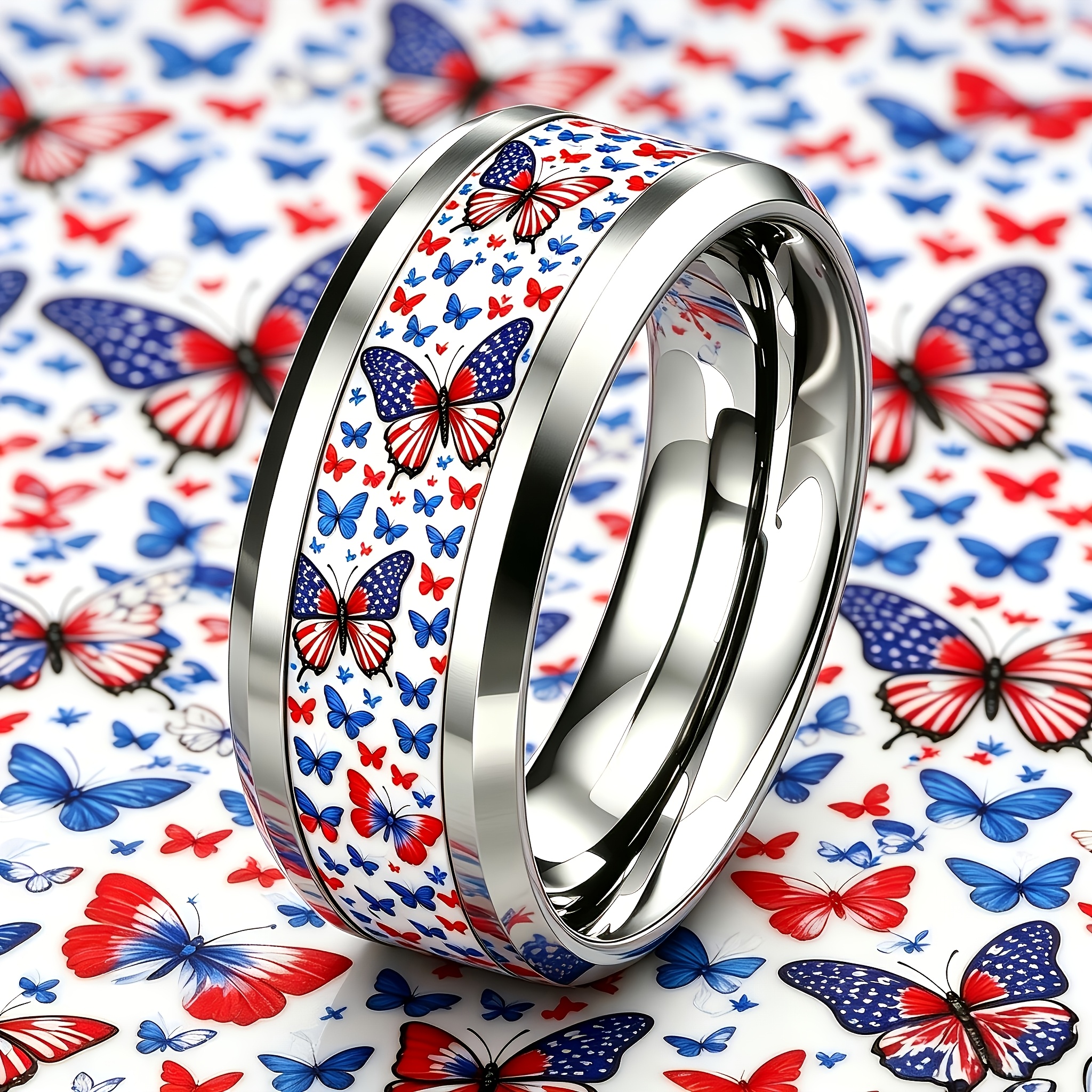 Red White Blue Star-Striped Butterfly Print Stainless Steel Ring