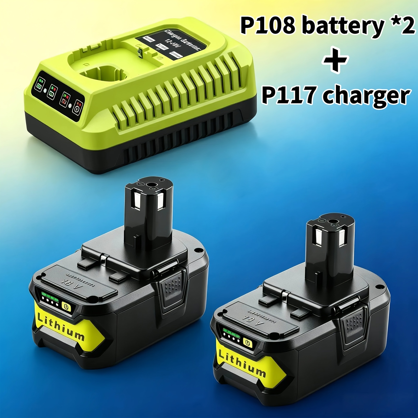 TEMU 3pcs, 18v Battery And 18v Charger Combo, P108 Battery With P117 Charger For Ryobi 18v Power Tools.for Ryobi 18v One+ Plus P104 P105 P107 P109