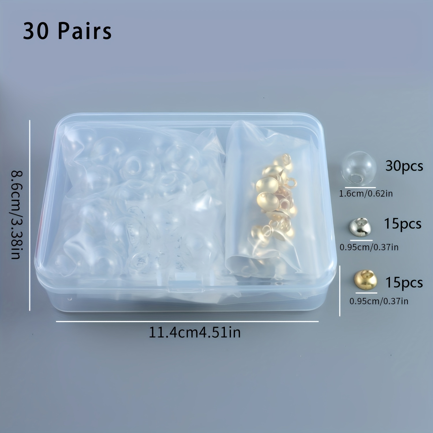 E-shop 30 Paar pro Box in 2 Farben, dieses Set enthält transparente Glasball-Ohrringe, Mini-leere Wunschglasbälle, 30 Perlenkappen und 30