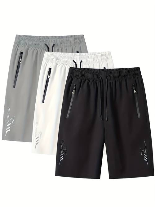item picture 3pcs set mens lightweight quick dry running shorts summer casual athletic loose fit black with white accents elastic waistband zipper pockets polyester elastane blend plus size shorts