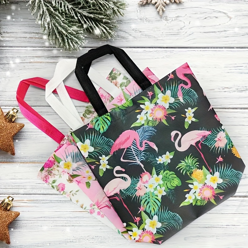 

6-pack Of Reusable Tote Bags: Festive Flamingo And Tropical Flower Design, Perfect For Gifts Or Shopping - Black And Pink, Suitable For Valentine's Day Or Any Occasion