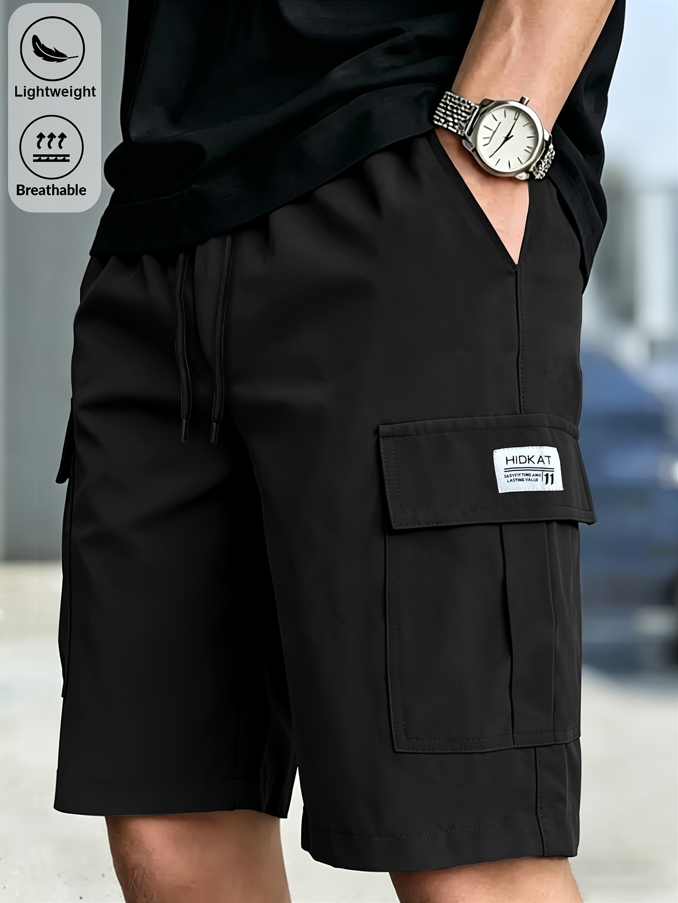 mens athletic cargo shorts with elastic waistband drawstring and multiple pockets suitable for fitness outdoor hiking running commuting daily wear and dates