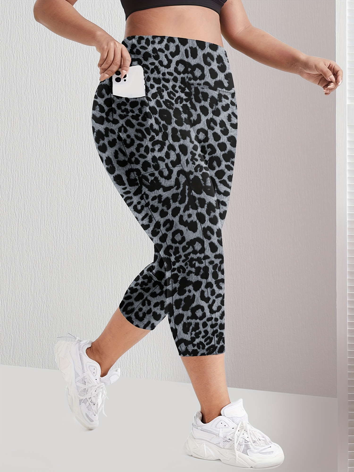 Plus Size High-Waisted Leopard Print Capri Pants with Side Pocket - Stretchy Casual Skinny Jeans for Spring/Summer/Fall, Casual Wear|Leopard Print Pants|Stretchy Fabric