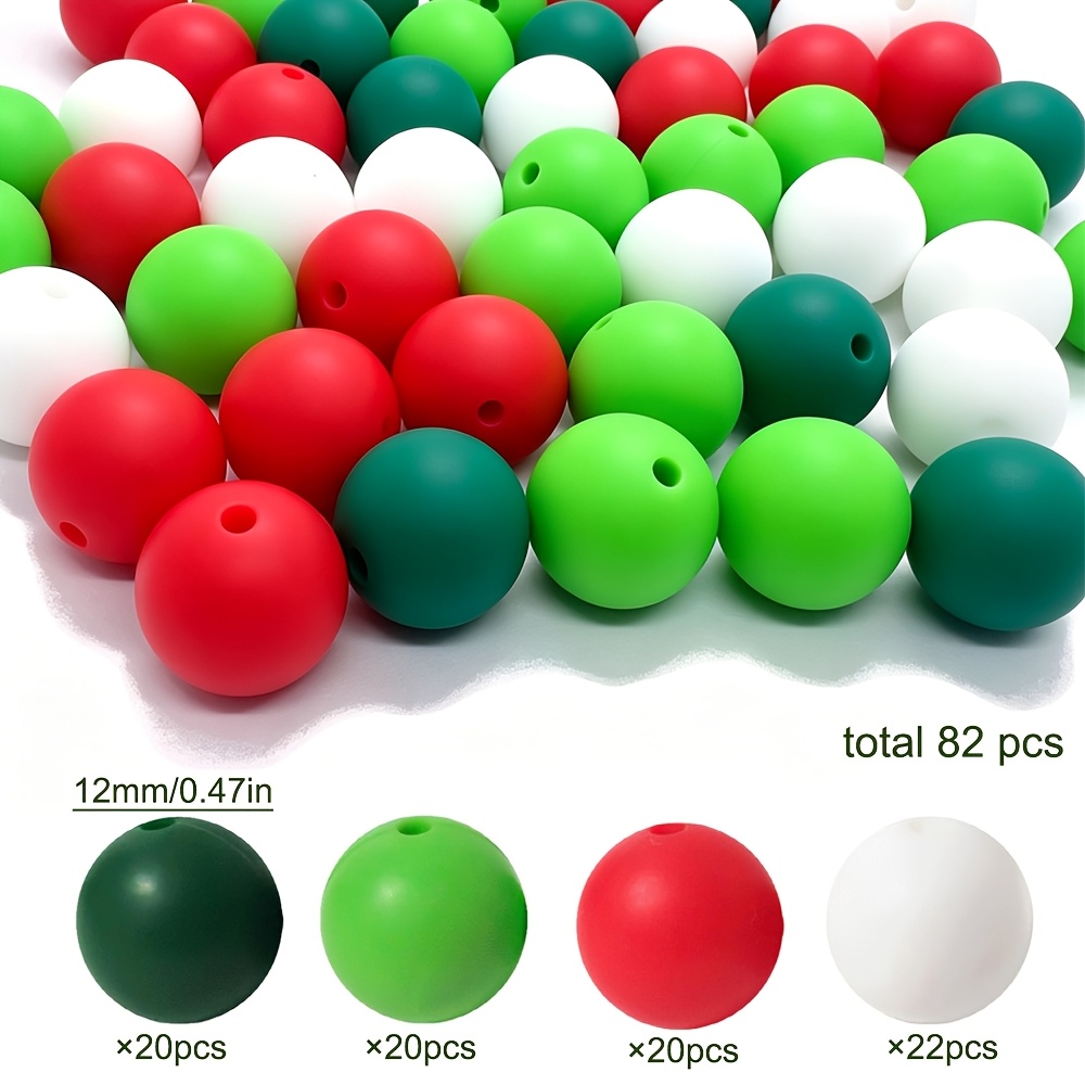 TEMU Beads & Bead Assortments, 82pcs 15mm Christmas Silicone Beads, White, Dark Green, Red, Green, Loose Round Colored Spacer Beads, Diy Craft Beads,