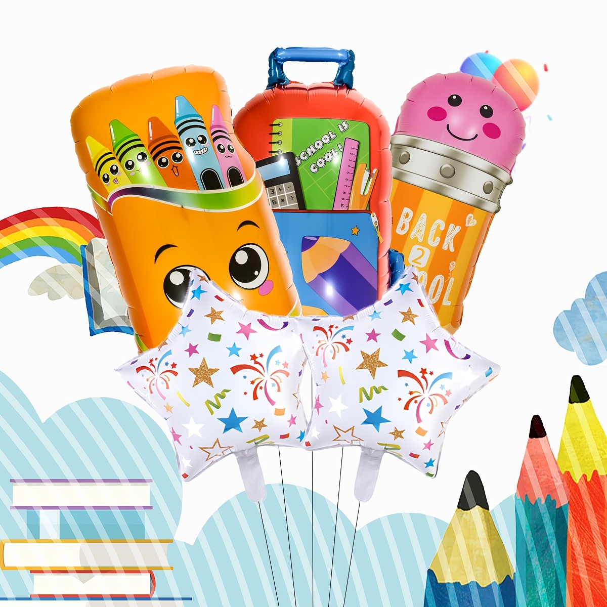 5pcs/set, Back To School Decorations, Schoolbag Pencil Shape Foil Balloon Set, Stationery Theme Balloon, School Classroom Decoration, Back To School Party Supplies, For Halloween, Christmas