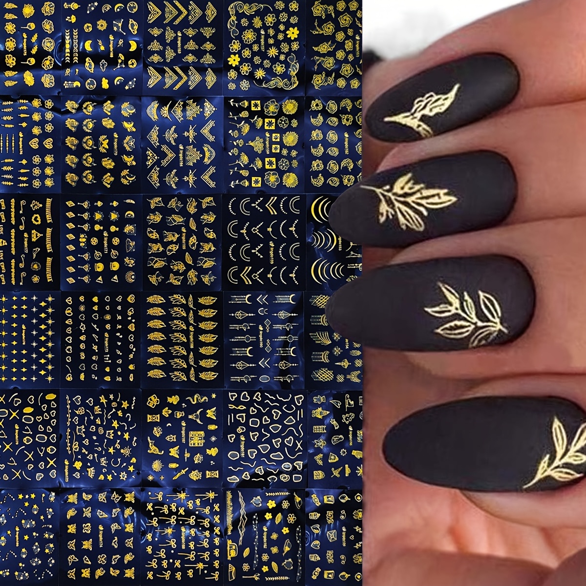 

Golden Floral Nail Stickers - Self-adhesive Designs For Diy Manicure, Acrylic Nail Art Decorations, Black Background With Golden Accents, & Remove