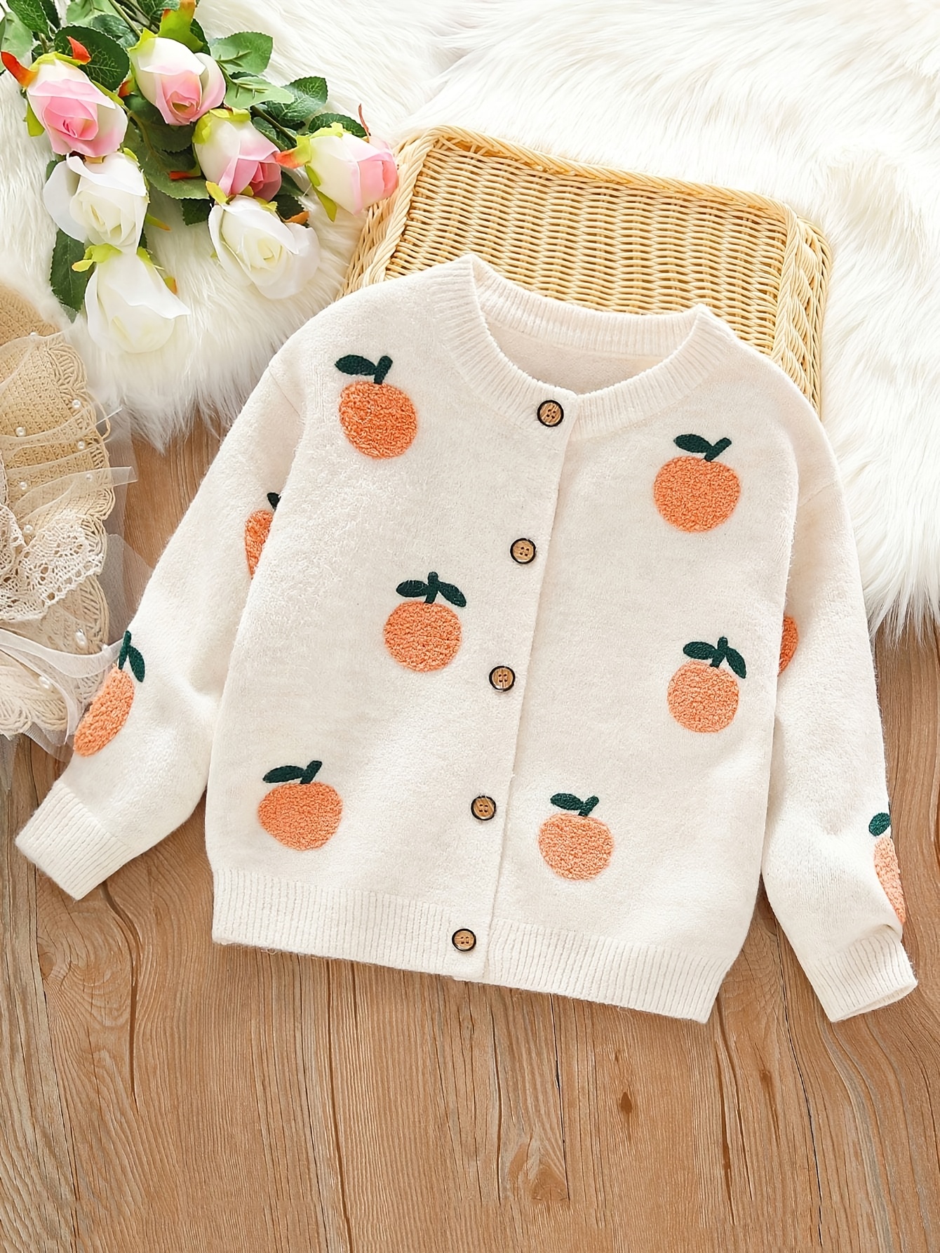 girls cute orange fruit pattern knit sweater cardigan long Temu