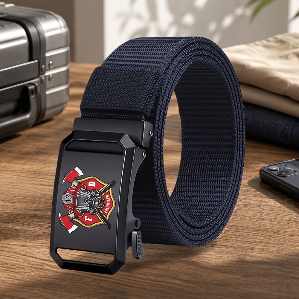 TEMU 1pc Men's Firefighter Badge Belt With Automatic - Suitable For Outdoor, Business, Casual Wear - Belt For Firefighter Gifts, Christmas, Father's