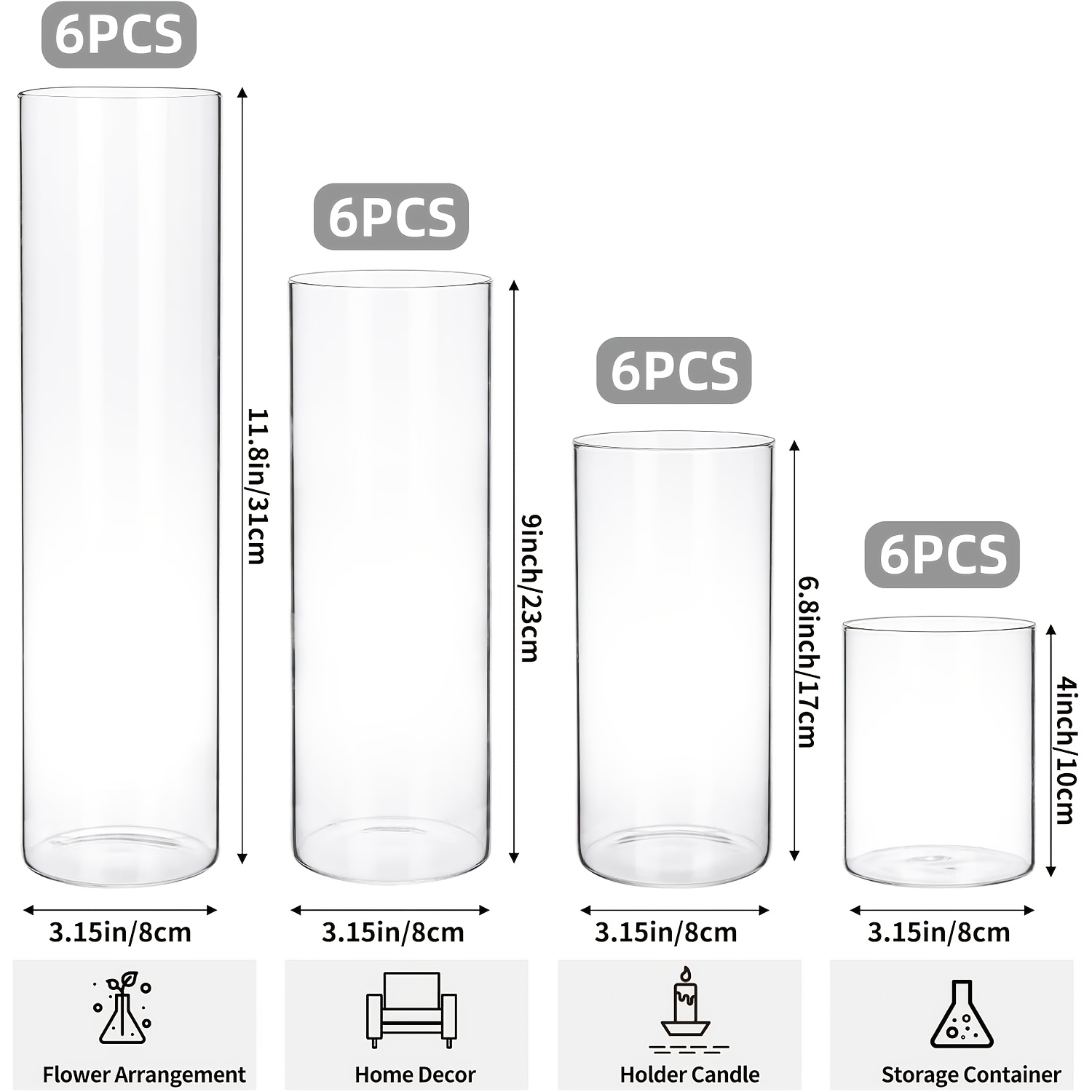 TEMU Tomnk 12/24pcs Glass Cylinder Vase 4, 6.8, 9, 12 Inch Glass Candle Holder Clear Vases For Centerpieces Tall Flower Vase For Wedding Home Decor