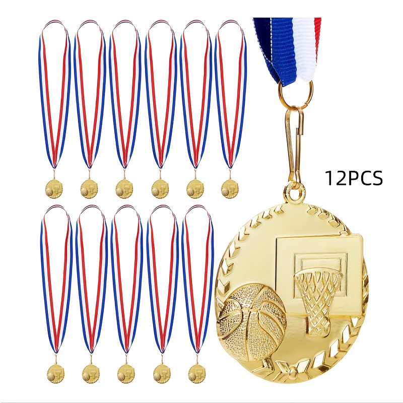 E-shop 3/6/12 Stück Basketball-Team-Medaillen – Goldene Metall-Trophäen mit Rot-Weiß-Blaue Streifenbändern für Sportturniere, , & Jugendmannschaften,