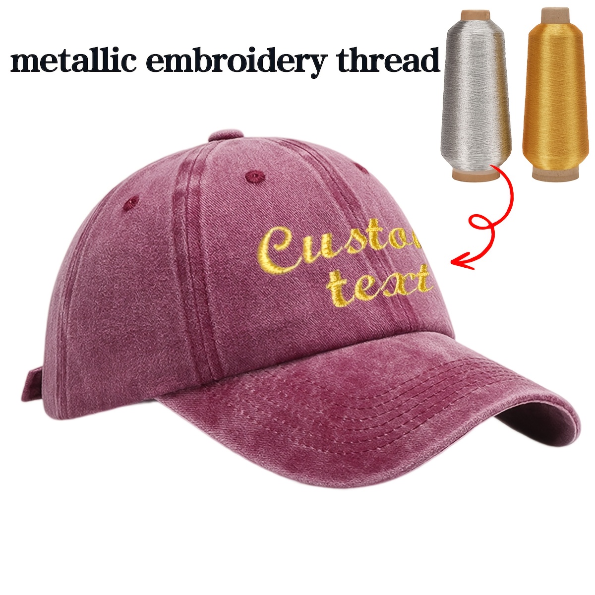 Custom Baseball Cap with Embroidery, Personalized Text in Metallic Thread